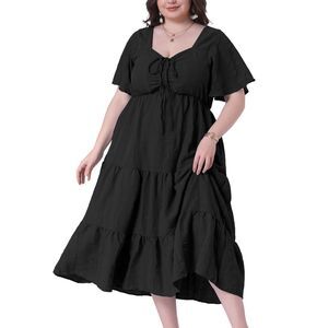 Plus Size Sweetheart Neck Ruffle Flowy A Line Tiered Long Dress Black